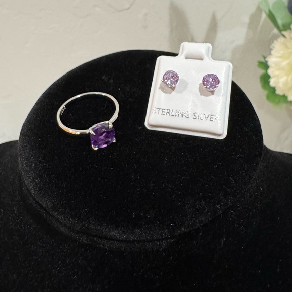 Purple Crystal 925 Sterling Silver Ring & Earring Set - Picture 1 of 9